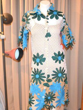 Dress Anthropologie Eva Franco Botanical Mesh with Blue Green Appliques Size 2